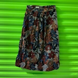 Vintage Panther Floral Corduroy Midi Skirt Burgundy Blue Pleated High Waist 9/10